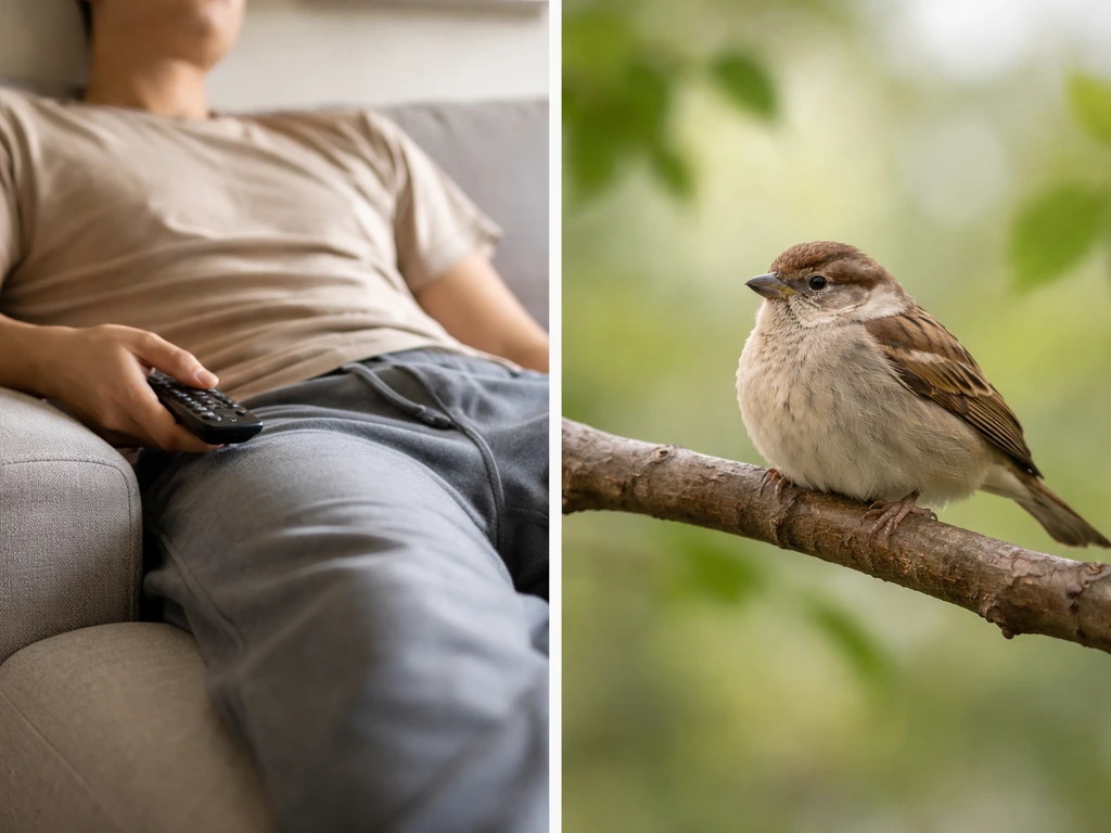 Two-panel photo concept: a slouched person on a couch beside a resting bird on a branch.