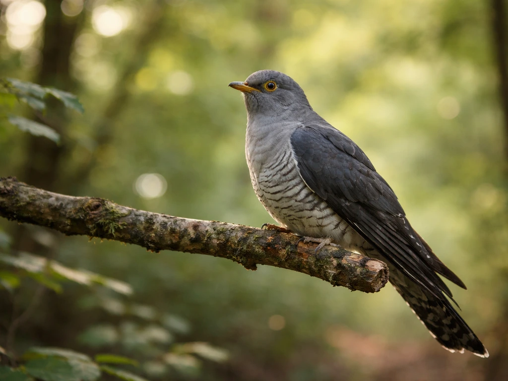 A European cuckoo perched on a branch in a quiet woodland, softly lit natural-history style.