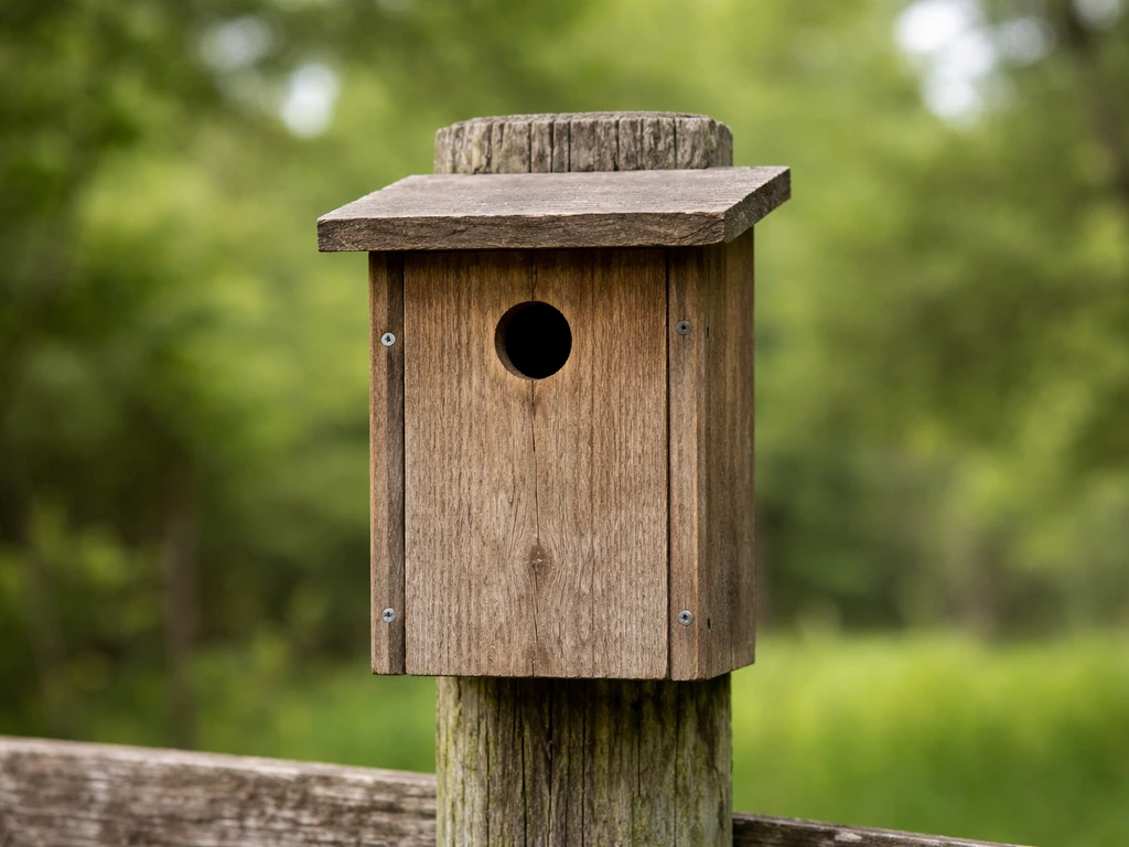 A wooden bird nesting box mounted outdoors on a fence post in natural daylight.