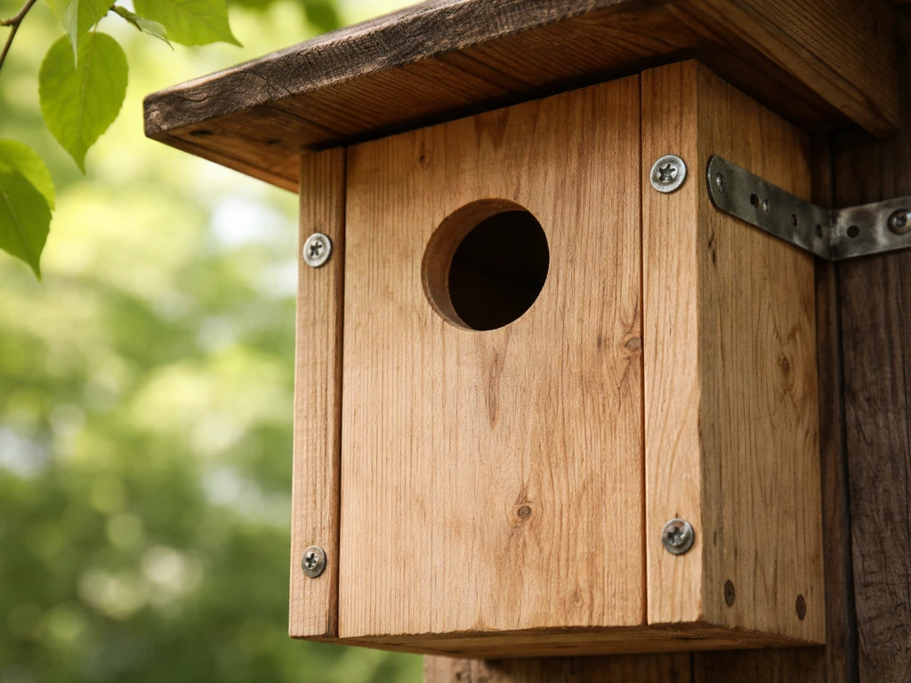 Close-up of a mounted wooden bird nesting box with a visible entrance hole
