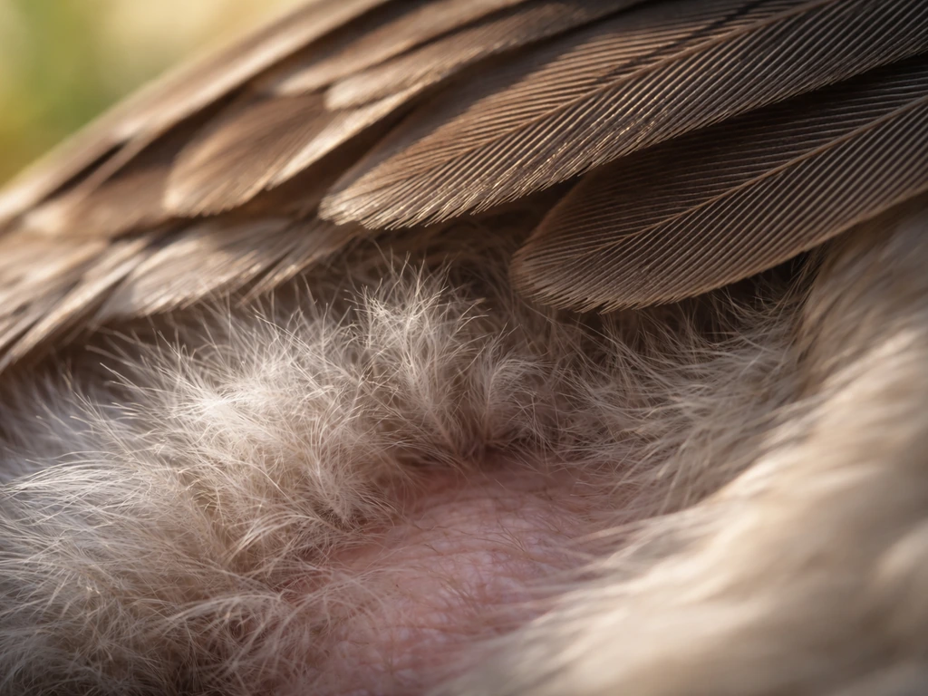 Macro close-up showing soft down pressed against a bird’s skin beneath stiffer outer feathers.