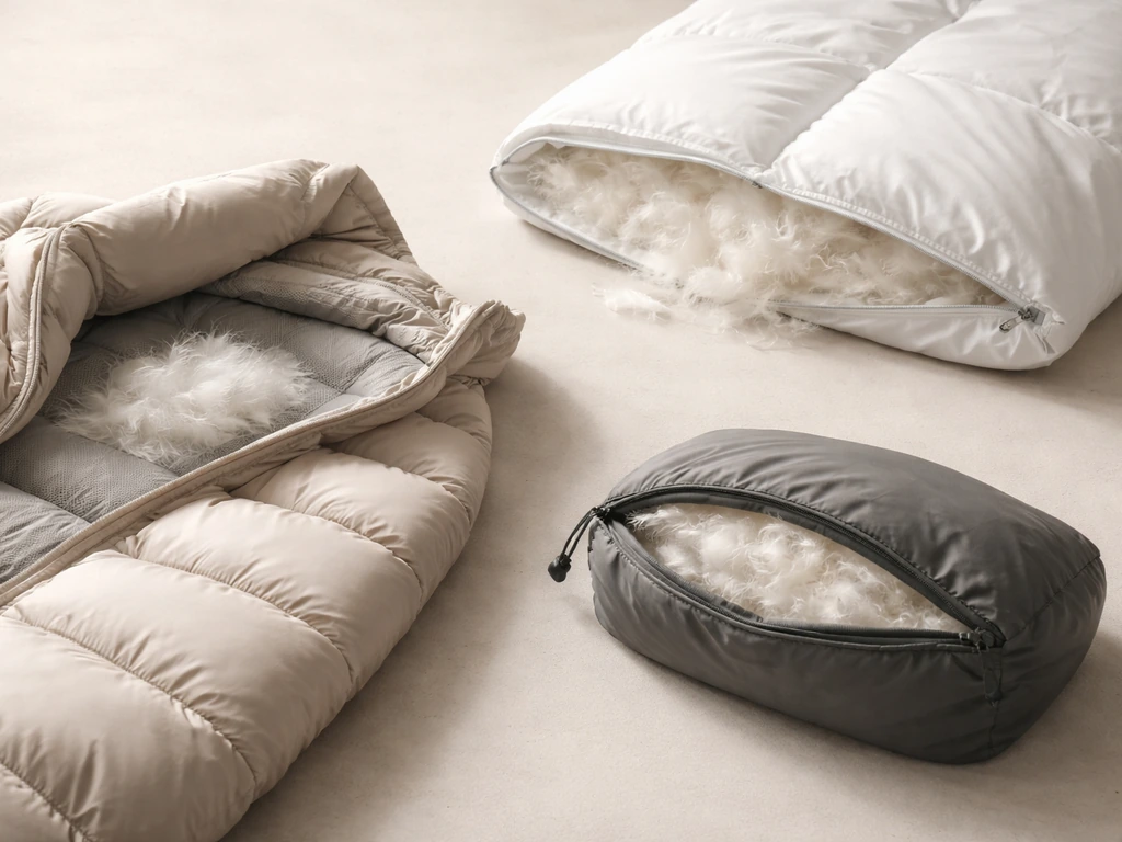 Minimal photo showing a down puffer jacket, down bedding, and camping sleeping bag with visible fluffy fill.