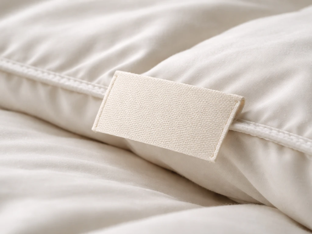 Close-up of a down comforter label with visible fabric texture and stitched edges, softly lit and minimal