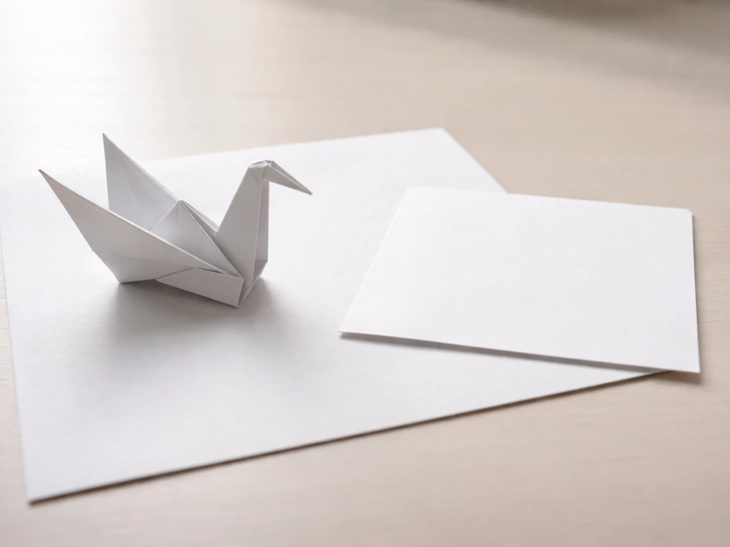 Close-up of a folded origami bird on paper next to a blank sheet, suggesting transformation and intention.