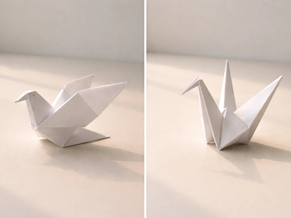 Two origami birds—dove and crane—resting side by side on a pale surface in soft natural light.