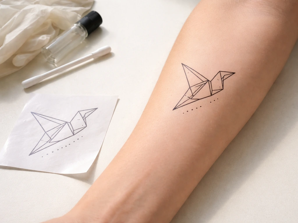 Flat-lay of stencil linework on skin showing a minimalist origami bird tattoo design