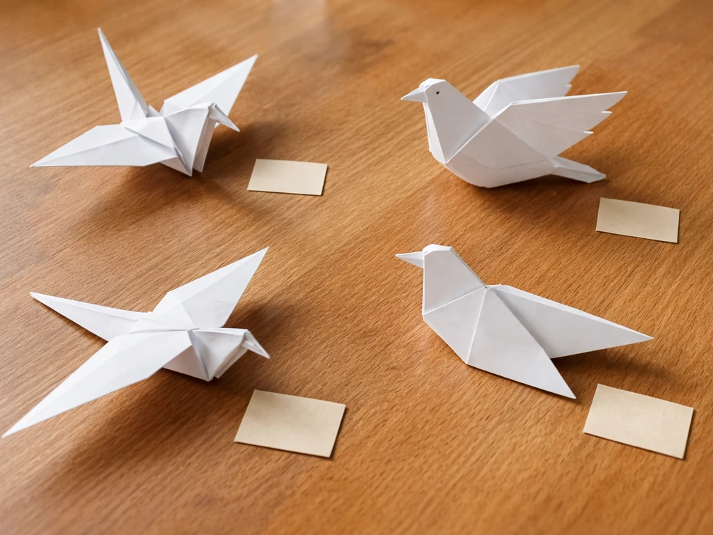 Four small origami bird models on a wooden table, photographed from above in soft natural light.