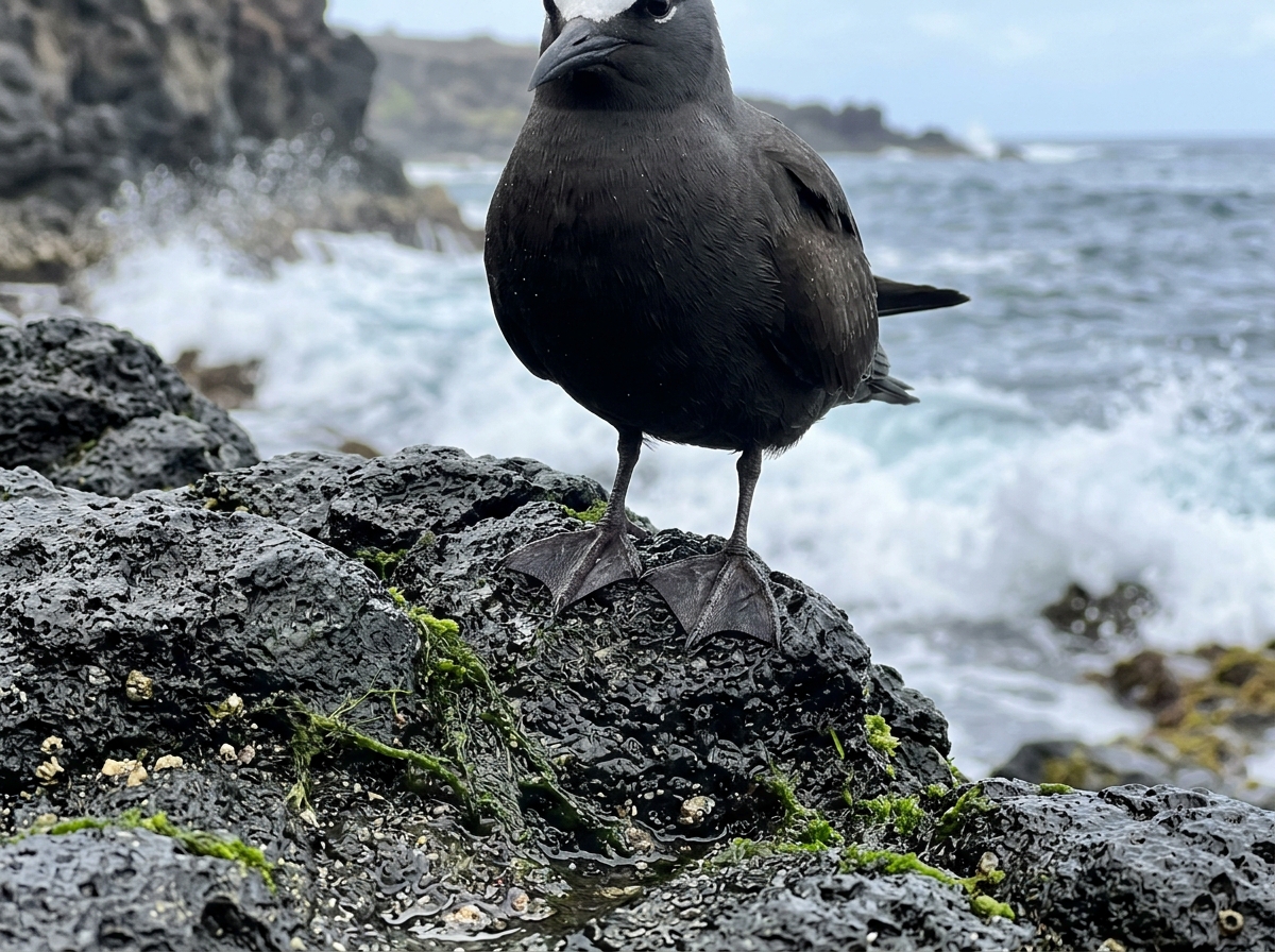 Foto referensi burung Noio di lingkungan pesisir (detail bulu dan habitat)