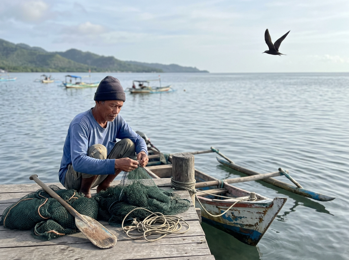Nelayan menyiapkan alat di dekat perahu saat melihat burung penunjuk kawanan ikan