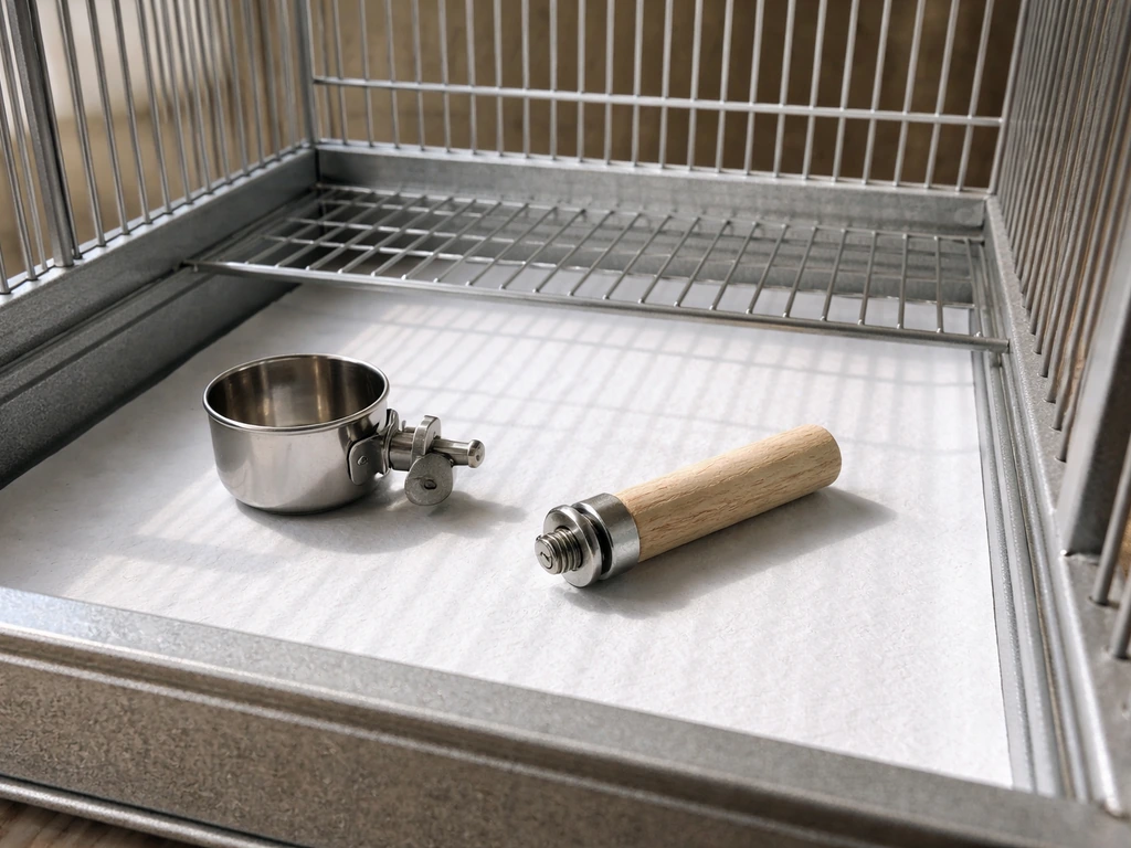 Close-up of a bird cage’s bottom tray with grate and bird-safe accessories in soft daylight.