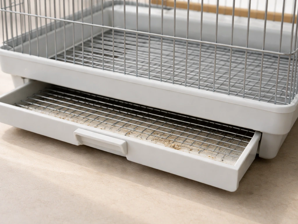 Close-up of a bird cage’s bottom tray and liner/grate under the cage bars.