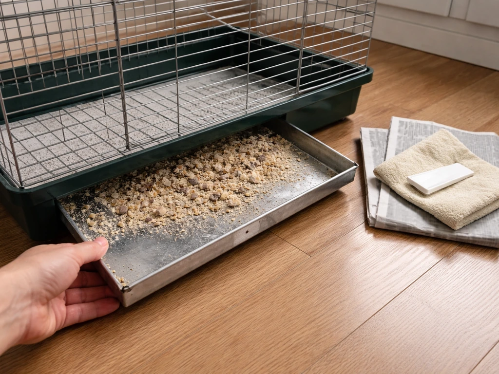 Close-up of a cleaning setup: hand pulling a cage bottom tray, with newspaper liner and cleaning cloth nearby.