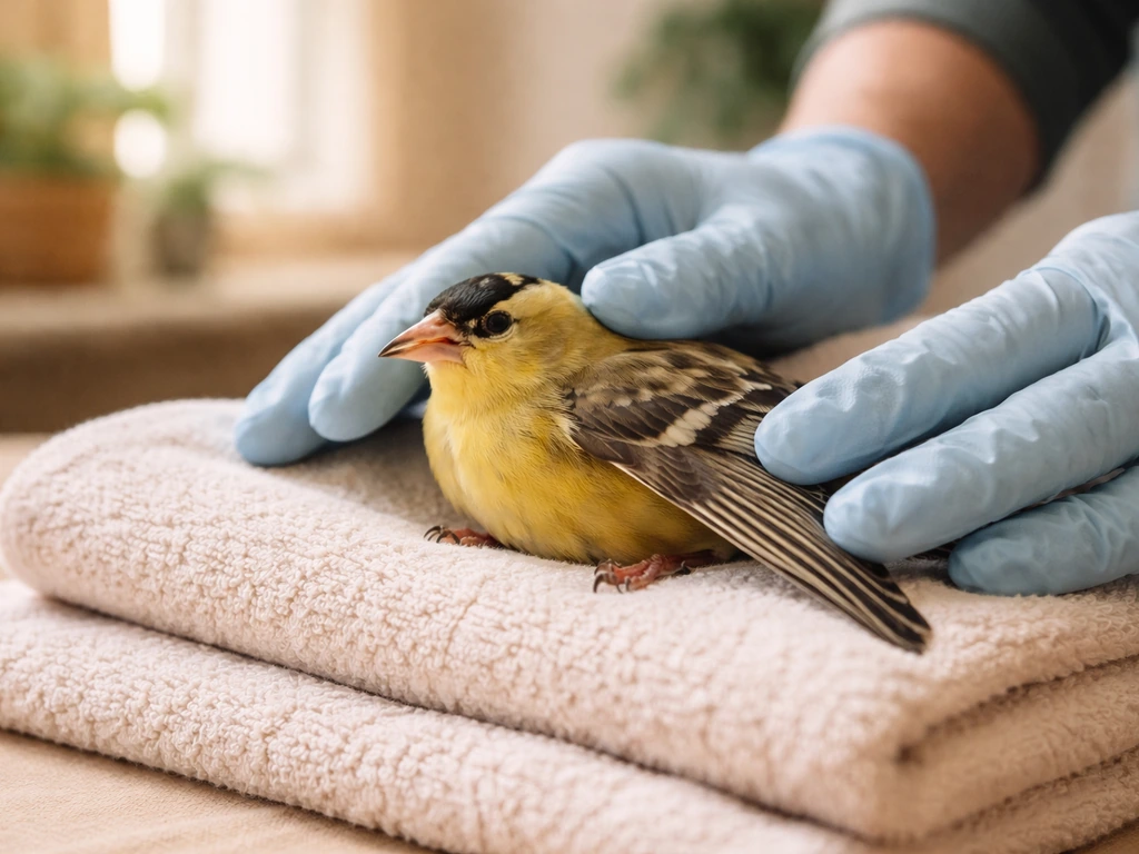 Injured bird with a bent wing gently supported on a soft towel in a quiet rehab setting