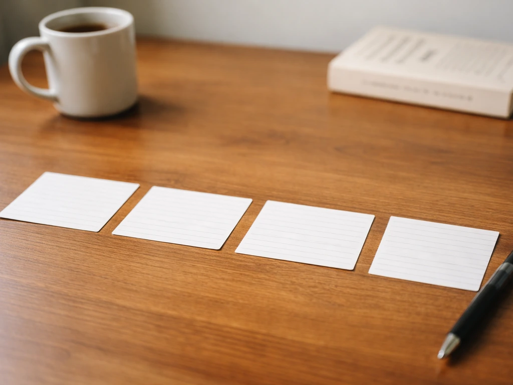 Four blank index cards in a checklist layout on a wooden desk with a pen nearby.