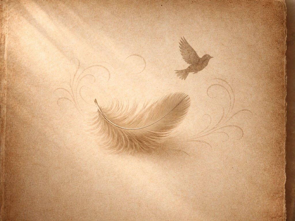 Vintage paper page motif with a soft down feather and small generic bird silhouette, warm sepia light.