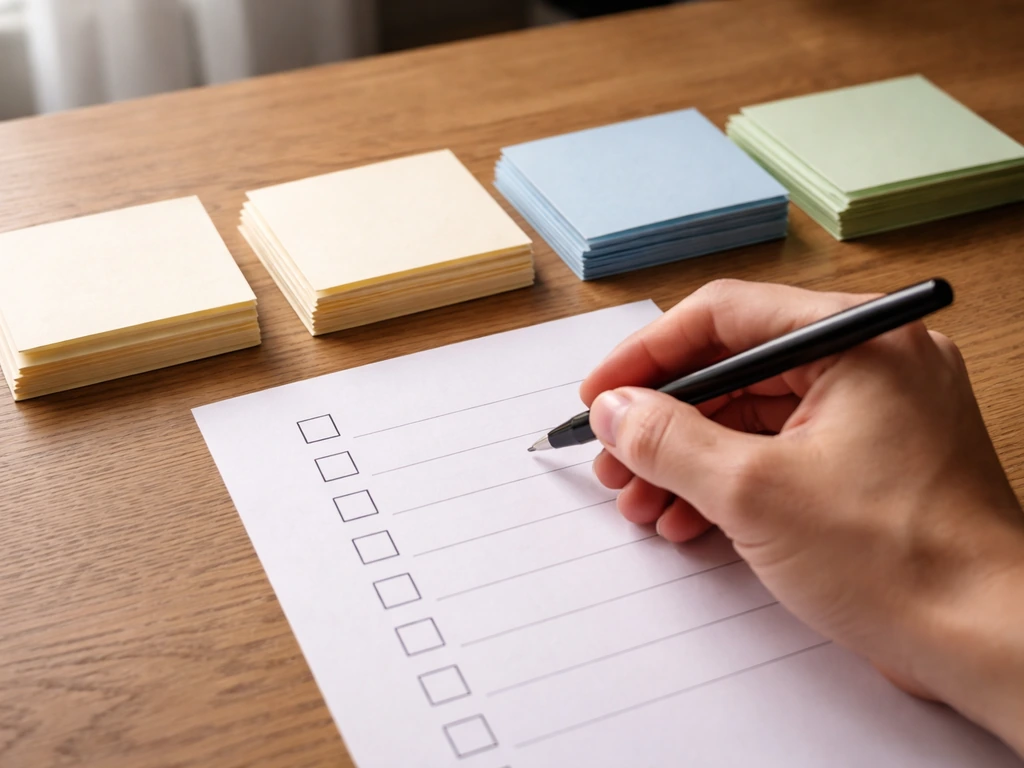 Hand with pen over a minimal checklist worksheet with three blank word-card options on a wooden desk