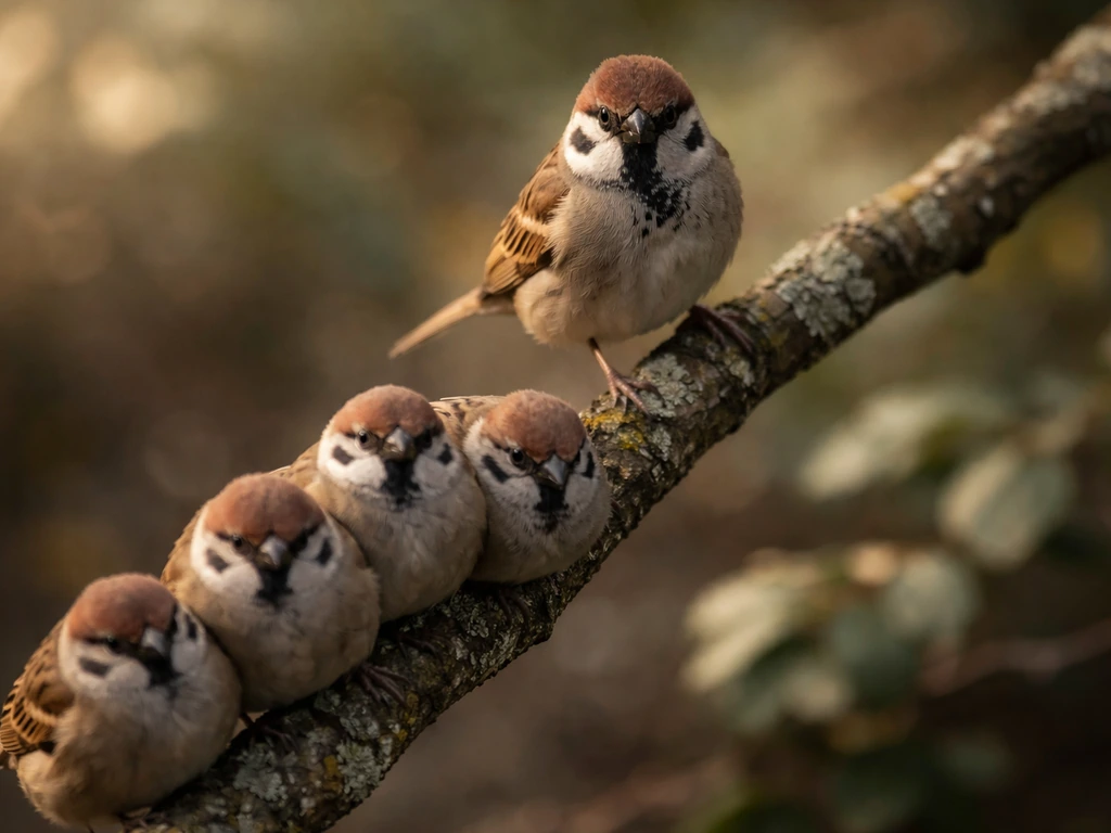 Dominant bird perched highest among a small flock on a branch in soft natural light.