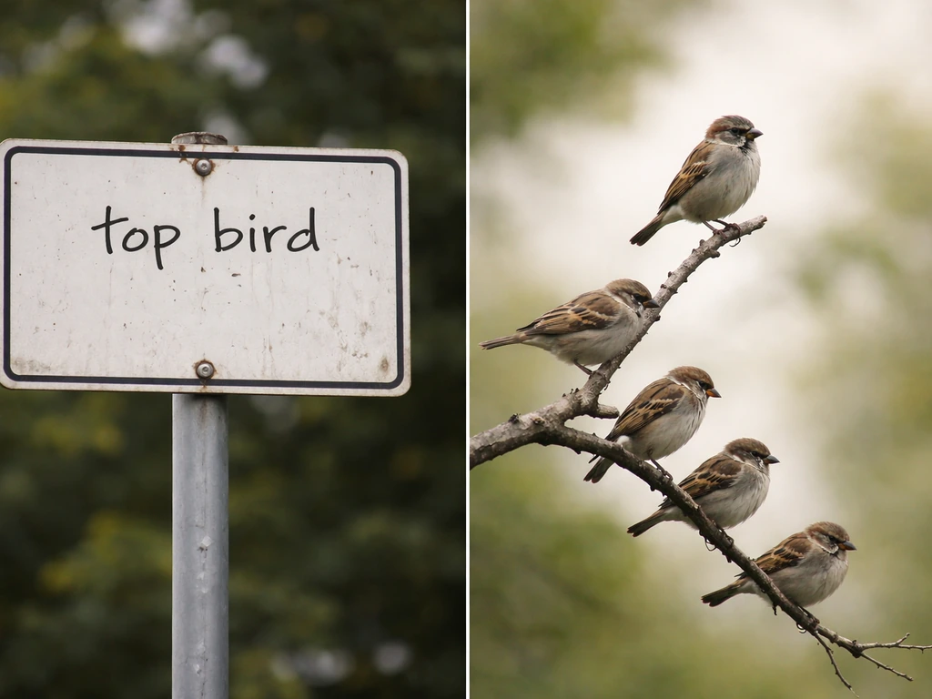 Split scene: compliment phrase on a street sign vs a simple bird flock pecking order silhouette.