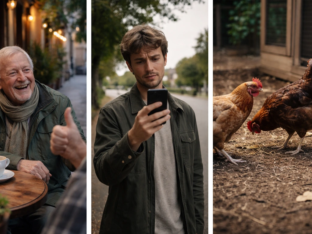 Split-scene showing British warmth, a different regional tone, and backyard chicken pecking order.
