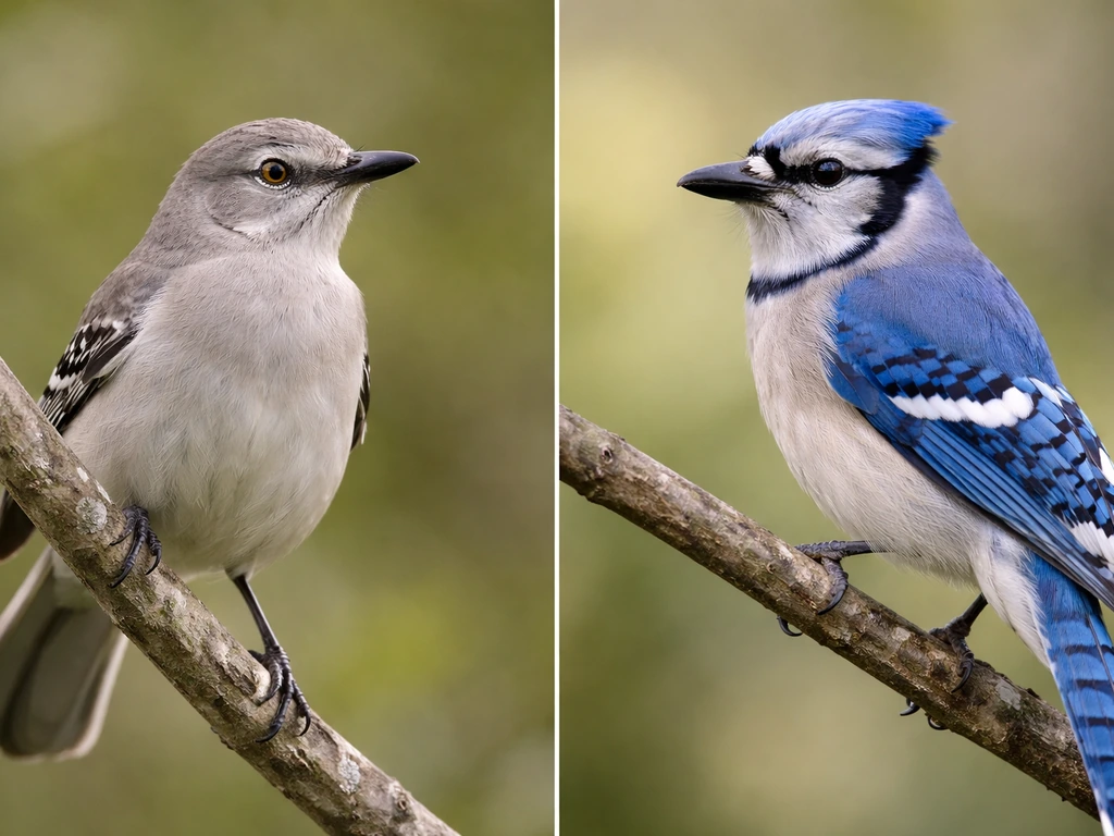 Side-by-side closeups of a northern mockingbird and a blue-gray jay on a natural branch