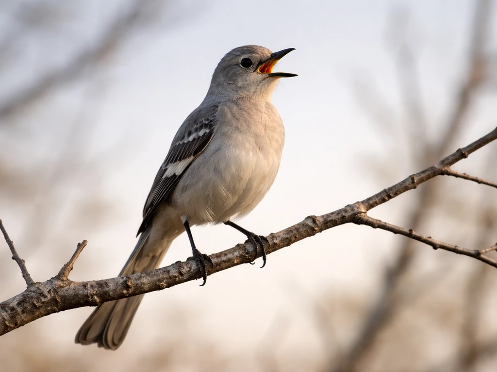A mockingbird perched on a branch with its beak open mid-song, natural light, simple background.