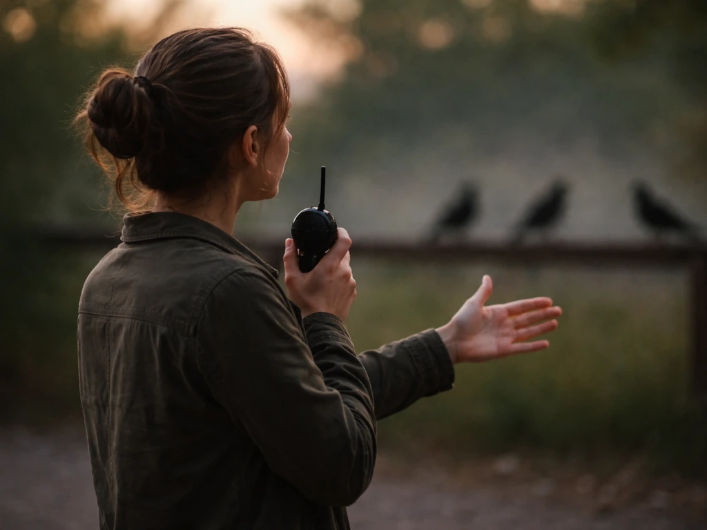Person holding a small radio/mic and gesturing outward, with subtle bird silhouettes in the background.