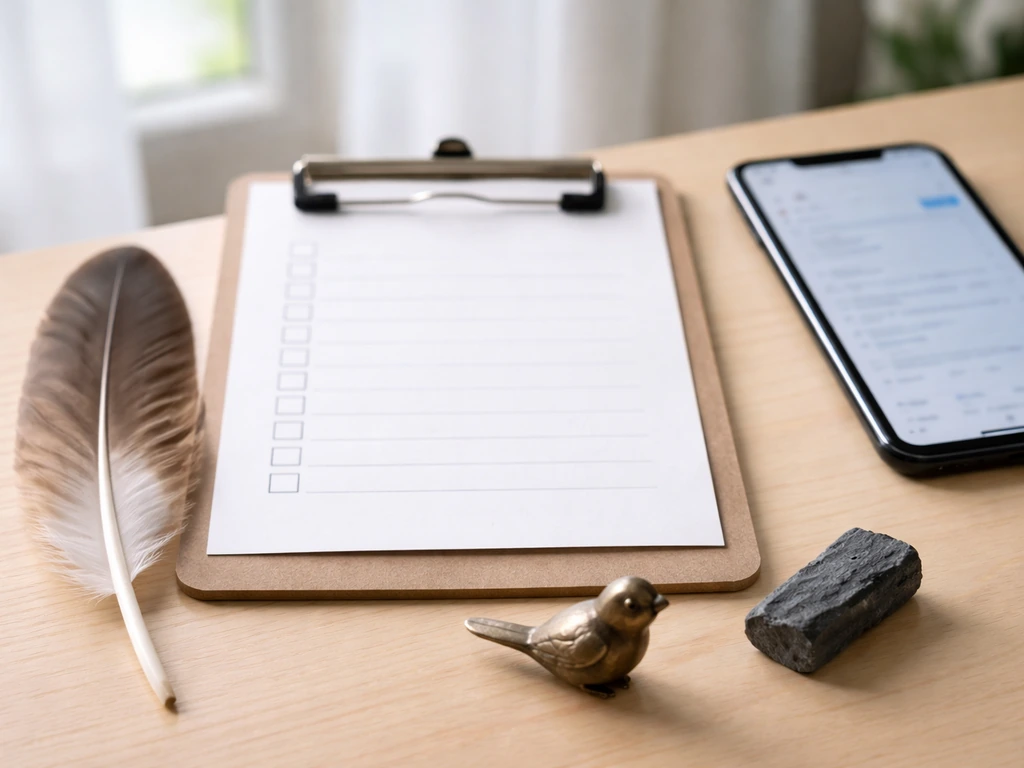 Minimal desk photo with blank checklist paper, bird figurine, and imitation tokens in natural light.