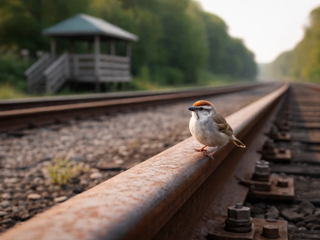 A small bird perched on a train rail beside an empty trackside viewing platform, suggesting literal and train watchers.