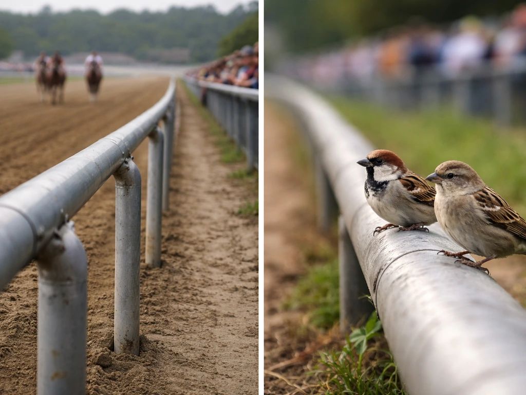 Split image: horse-racing track with spectators on one side, small birds perched on rails on the other.