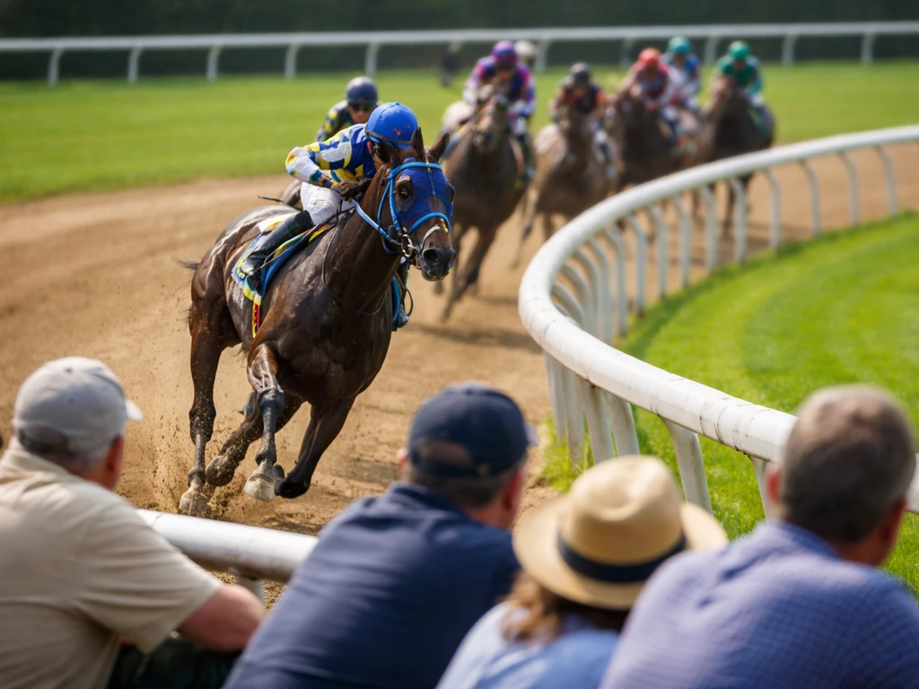 Jockeys race past the rail as rail-side spectators watch curiously at a horse track.
