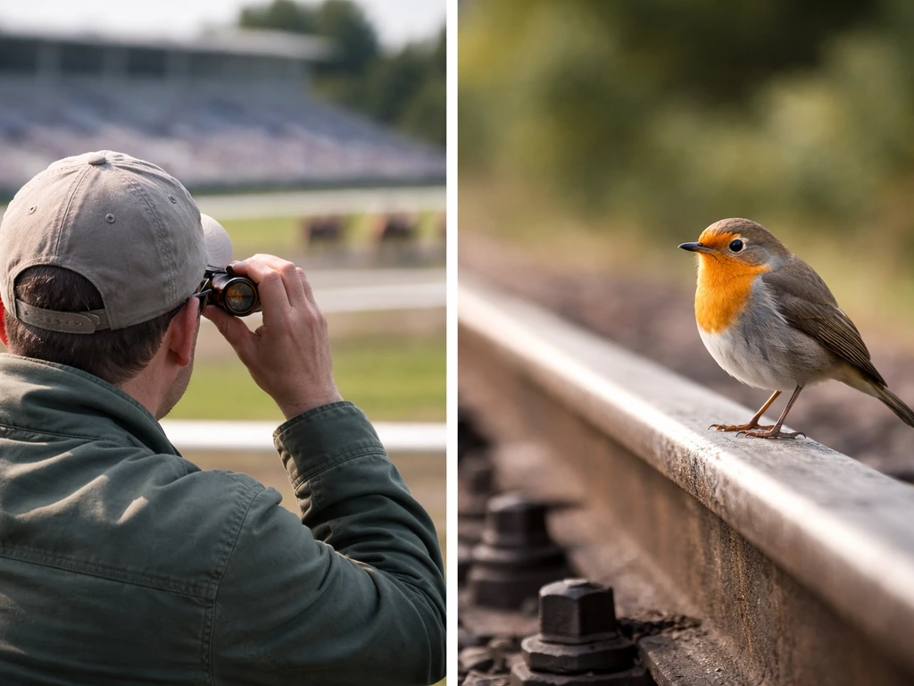 Minimal split-style scene: racetrack spectator gear for railfan/railbird and a close bird on rails for “rail (bird)”.