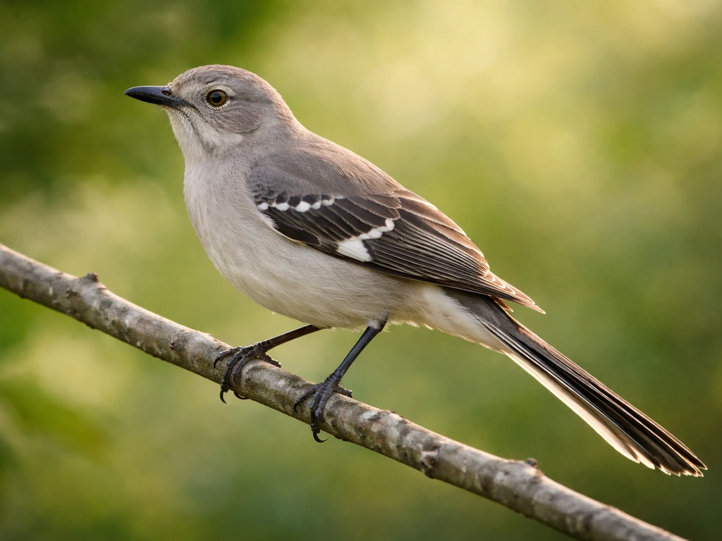 Northern mockingbird perched on a branch, gray body with white-edged tail and bright wing patch.