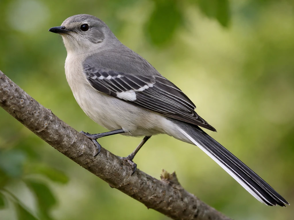 Close-up of a northern mockingbird showing white wing patch and tail edge markings.