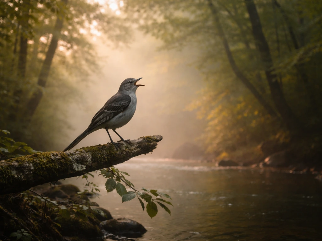 A mockingbird perched on a branch beside a quiet forest stream at dawn, symbolizing voice and listening