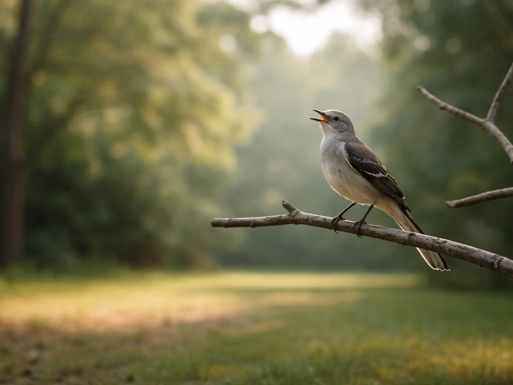 Mockingbird perched in a quiet yard, illustrating daytime cues for interpreting its song and behavior.