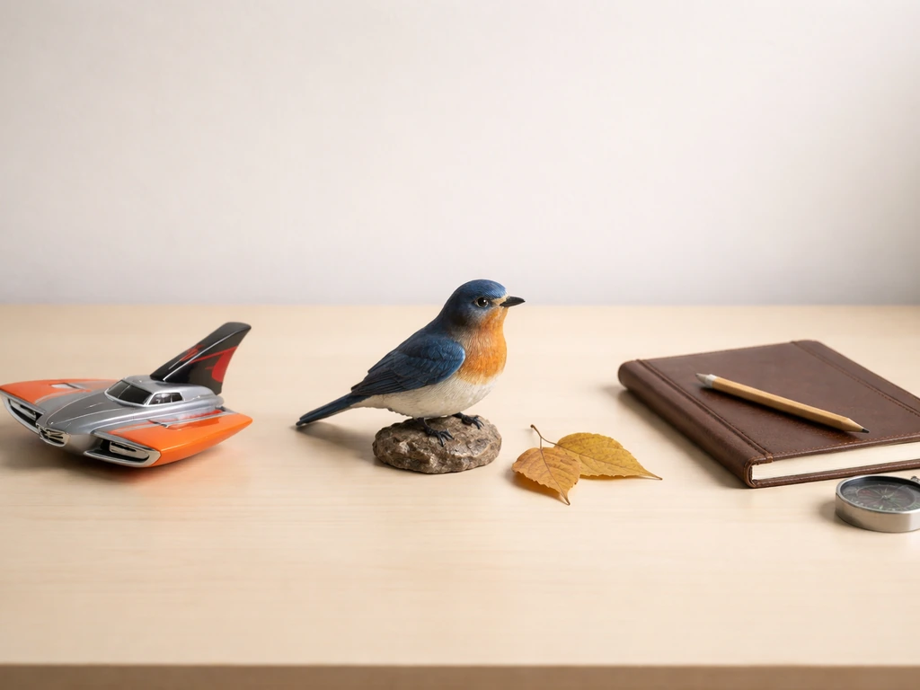 Three side-by-side context cues: bird/Thunderbird-style model, natural bird figurine, and an abstract shorthand setup.
