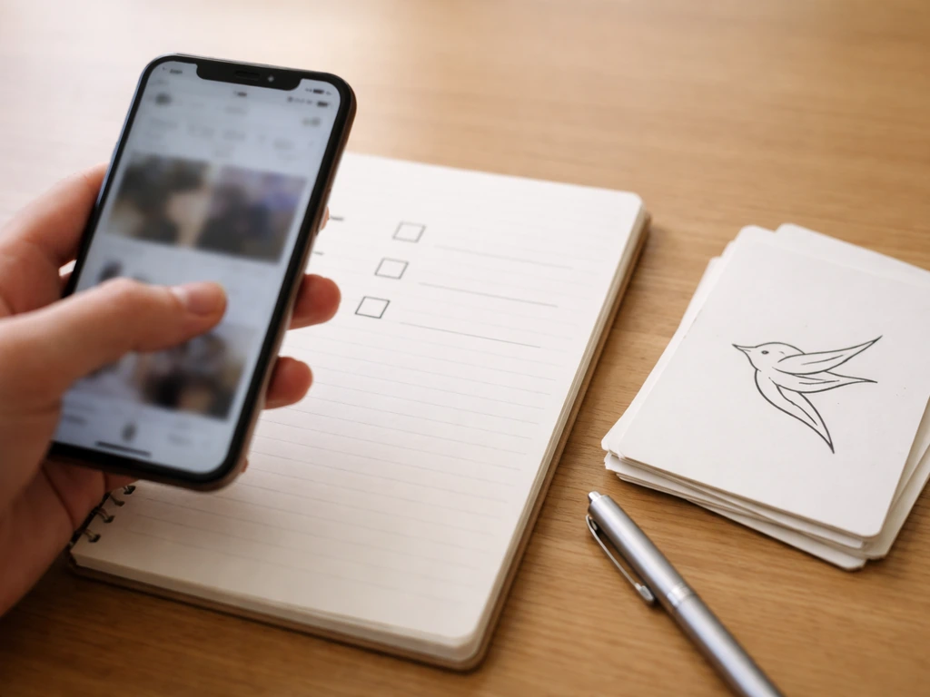 Minimal desk scene with a phone and notebook checkboxes beside bird tattoo reference cards, for a verification checklist
