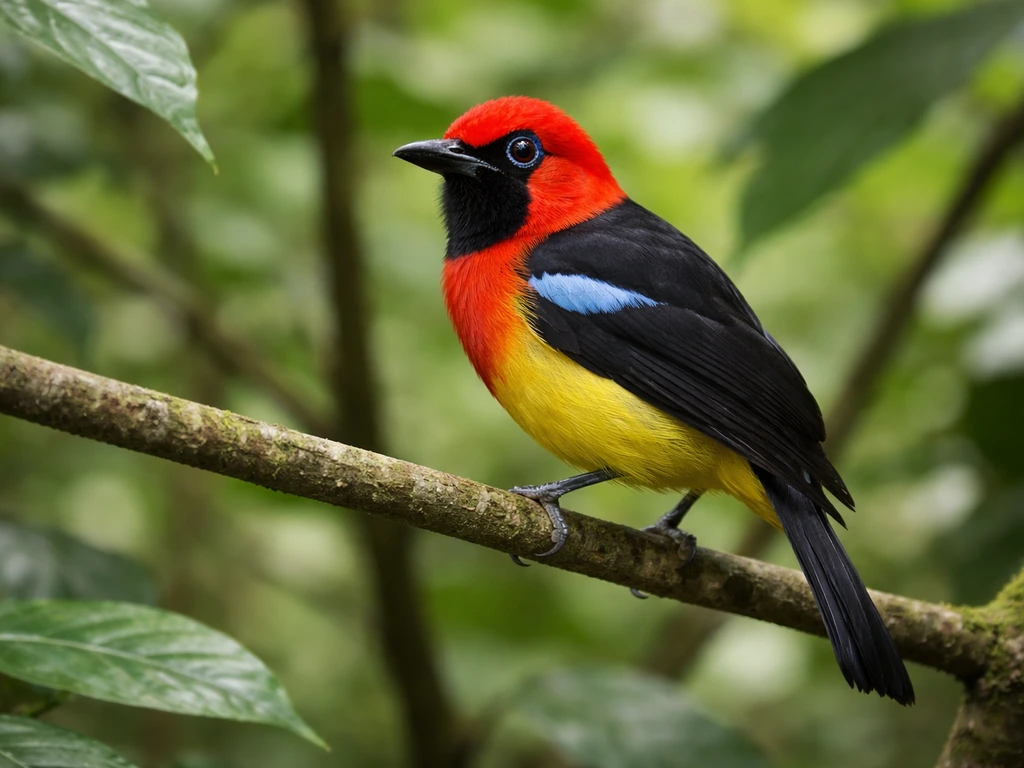 A colorful Trinidad & Tobago native bird perched on a branch in a lush tropical forest.