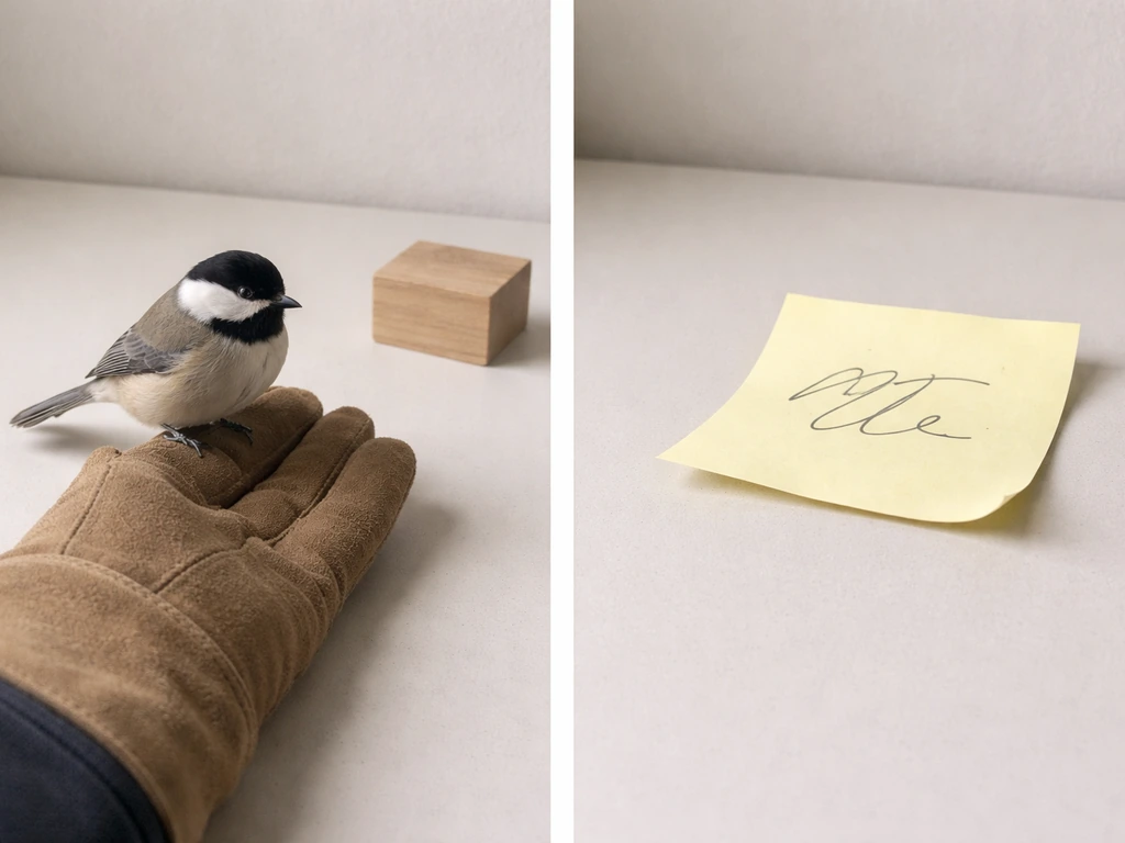 Tabletop photo contrasting a fixed “bird in the hand” feel with a loosely placed sticky note for slang.