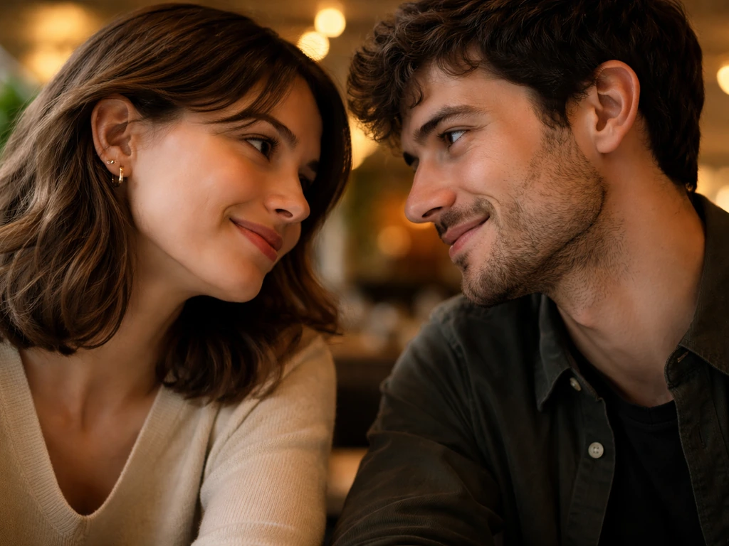 Two adults exchange flirtatious glances in a softly lit cafe with subtle playful smiles.