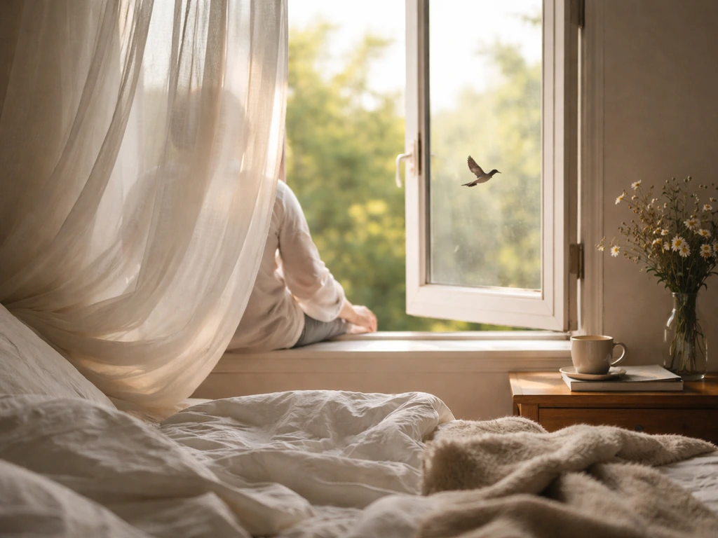 Sunlit room with an open window breeze and a small bird flying past, symbolizing freedom