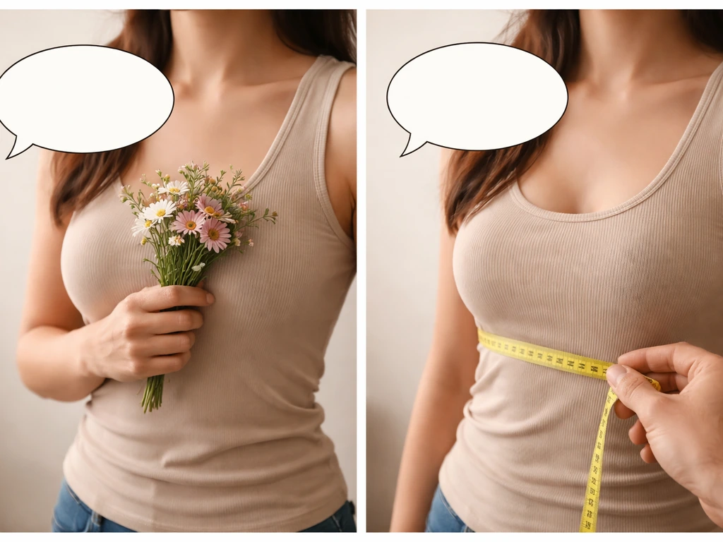 Two side-by-side panels showing respectful compliment versus objectifying framing, shown with gestures and empty speech