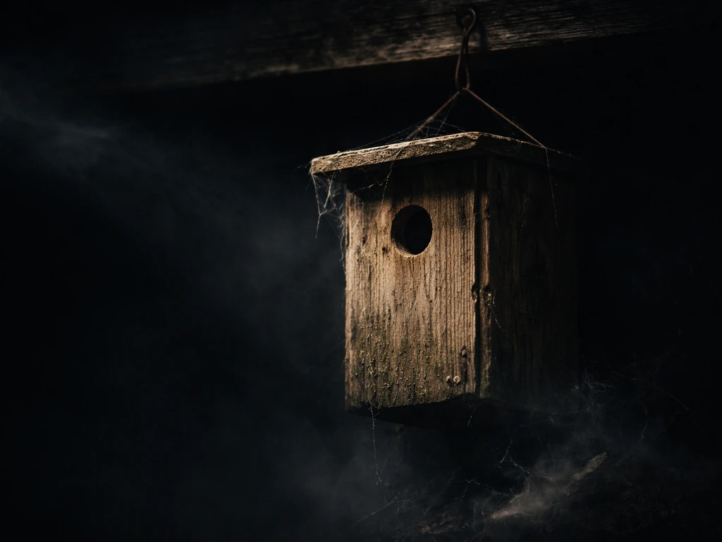 Moody birdhouse in a dark room with a shadow resembling a blindfold motif.