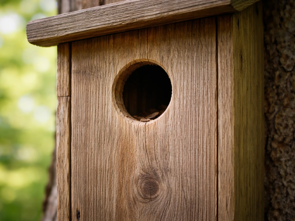 Close-up of a wooden bird box on a tree with the round entrance hole in natural light.