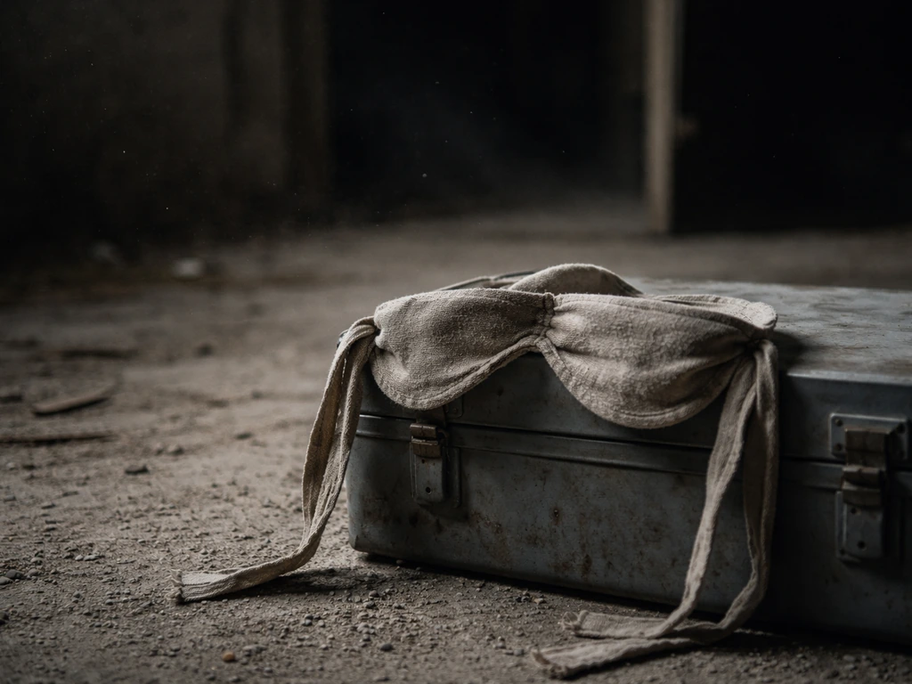 Cloth blindfolds draped over a metal survival kit in a dark, concrete hallway.