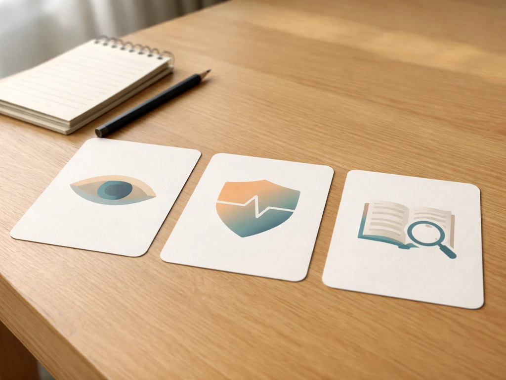 Minimal decision cards on a desk, suggesting practical steps for film themes, symbolism, and credible sources.