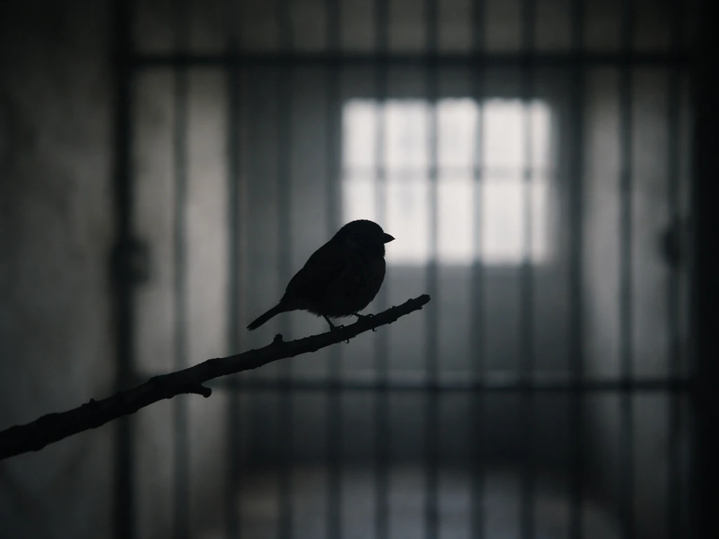Minimal scene showing a bird silhouette above a blurred prison bars background, symbolizing prison time slang.