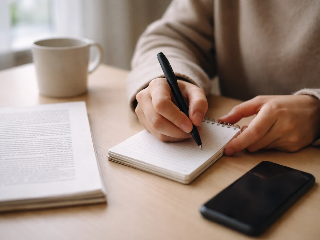 Hands jotting notes beside an open book and smartphone on a simple desk in natural light.
