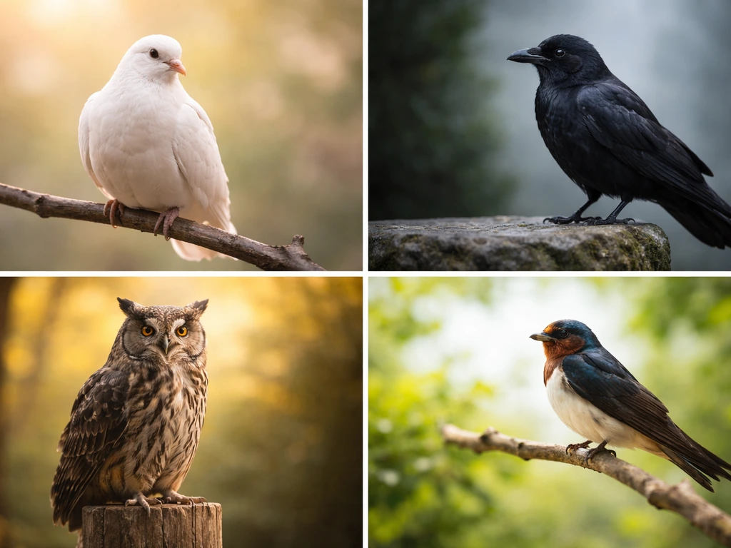 Minimal photo of four distinct birds—dove, raven, owl, and swallow—on simple natural perches with symbolic mood lighting