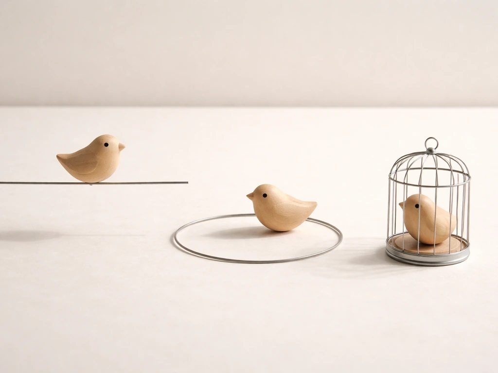 Minimal tabletop scene with three small wooden bird figurines beside an open wire loop and a closed cage
